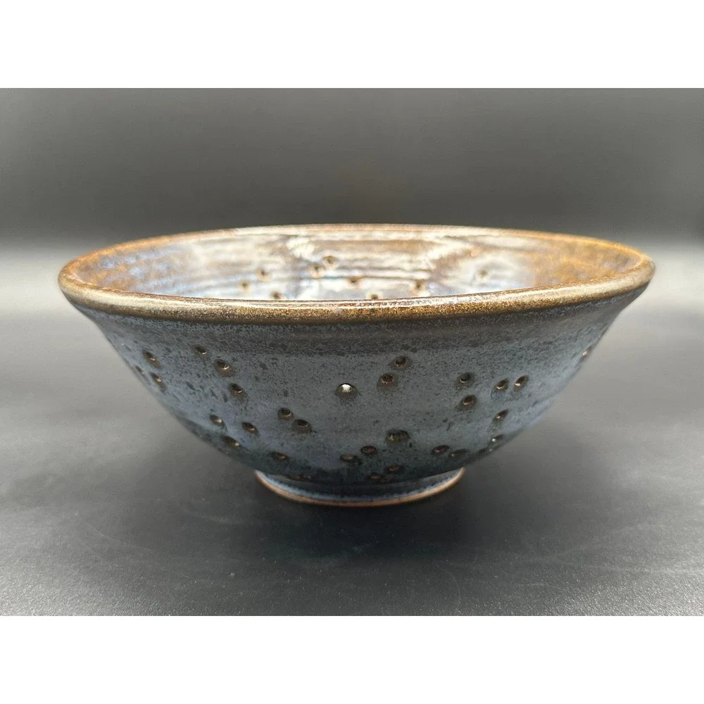 Artist Signed Studio Pottery Berry Bowl Colander Blue Bronze Speckled Stoneware